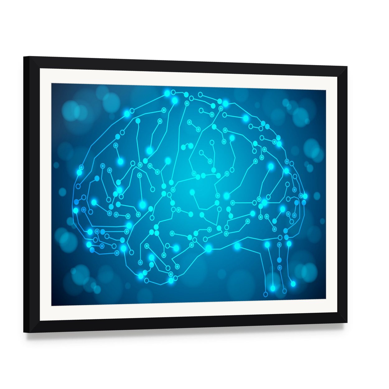 Brain with Circuit Board Canvas Wall Art, framed print with white mat and black frame, angled product view