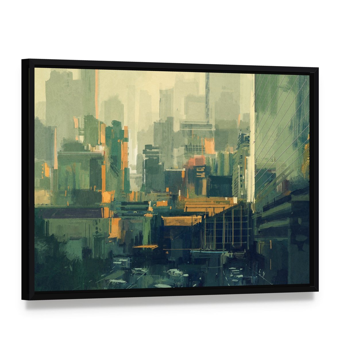 Urban Sky-scrapers at Sunset Canvas Wall Art, framed canvas in a black floater frame, angled product view