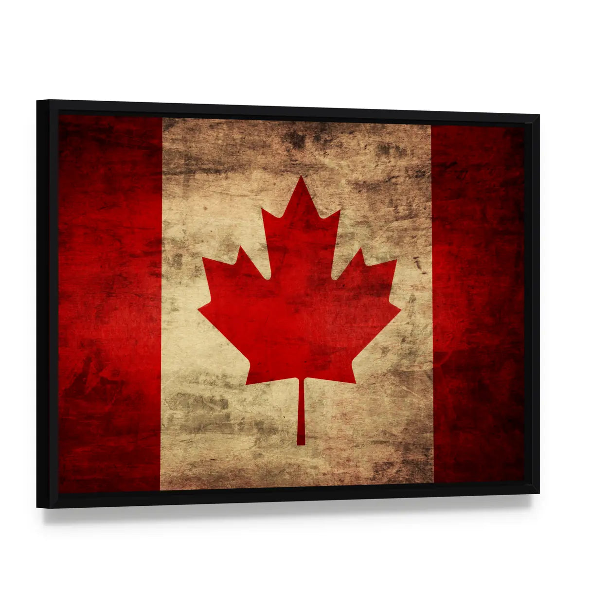 Grunge Canadian Flag Canvas Wall Art, framed canvas in a black floater frame, angled product view