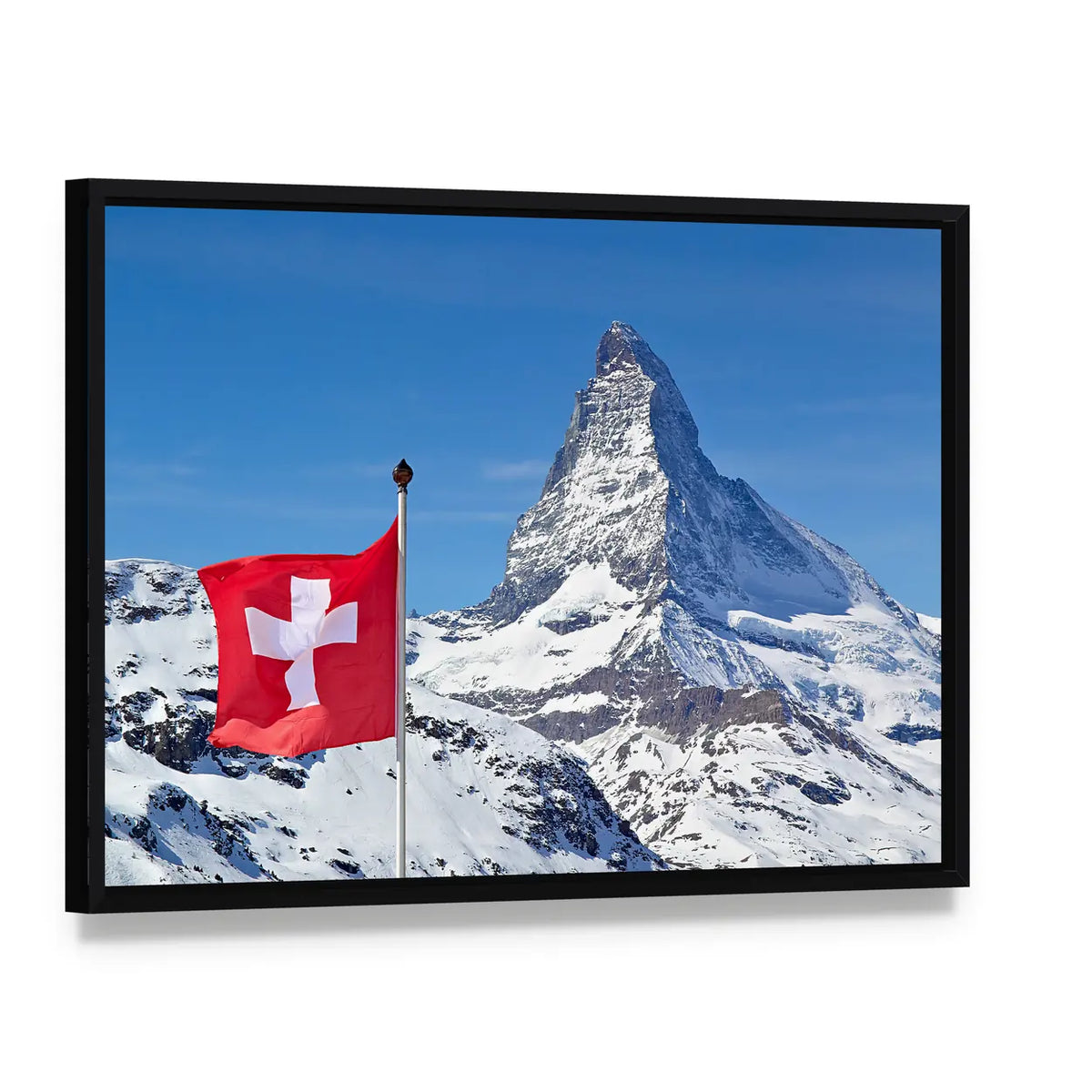 Matterhorn with Swiss Flag Canvas Wall Art, framed canvas in a black floater frame, angled product view