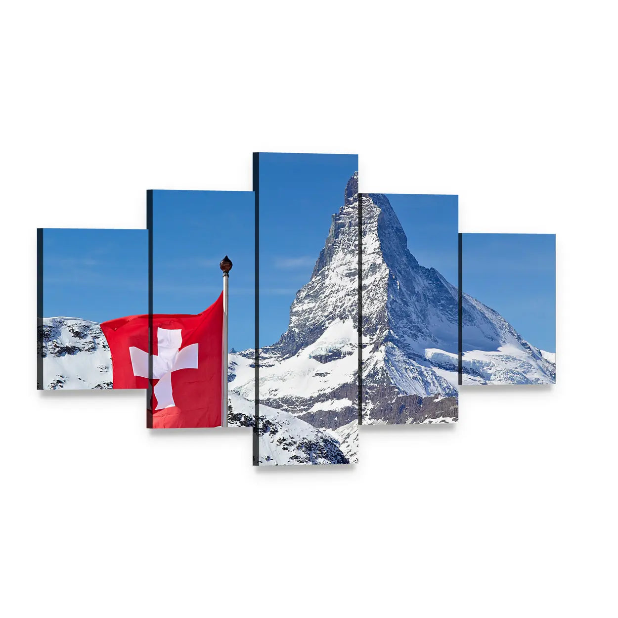 Matterhorn with Swiss Flag Canvas Wall Art, 5 panel 5 Star layout gallery wrapped canvas set, angled product view