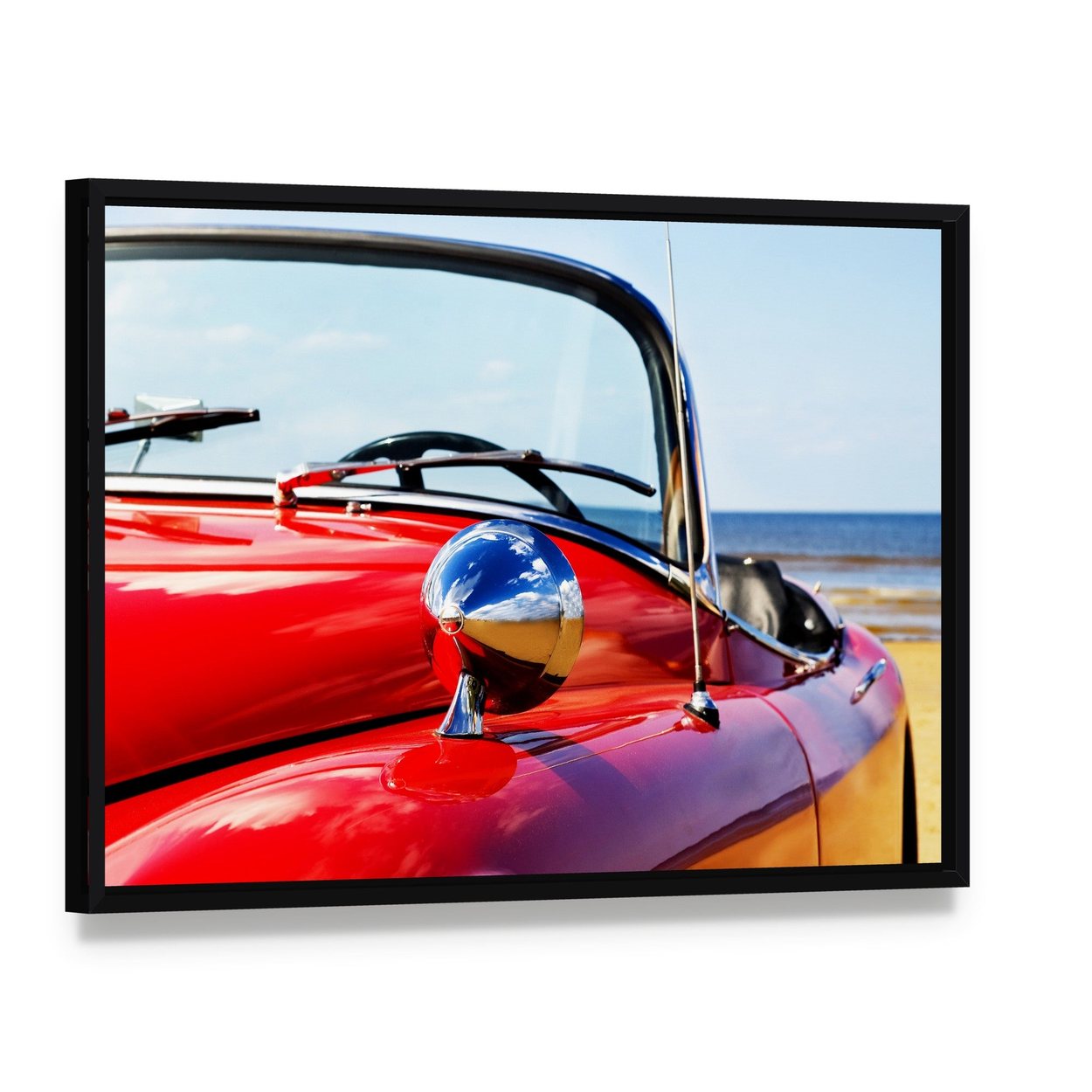 Red Convertible Car at Beach Canvas Wall Art, framed canvas in a black floater frame, angled product view