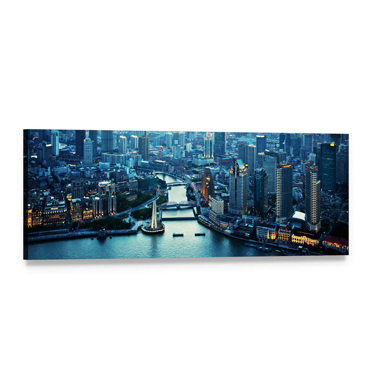 Shanghai Skyline at Sunset Panoramic Canvas Wall Art, single panel gallery wrapped canvas, angled product view
