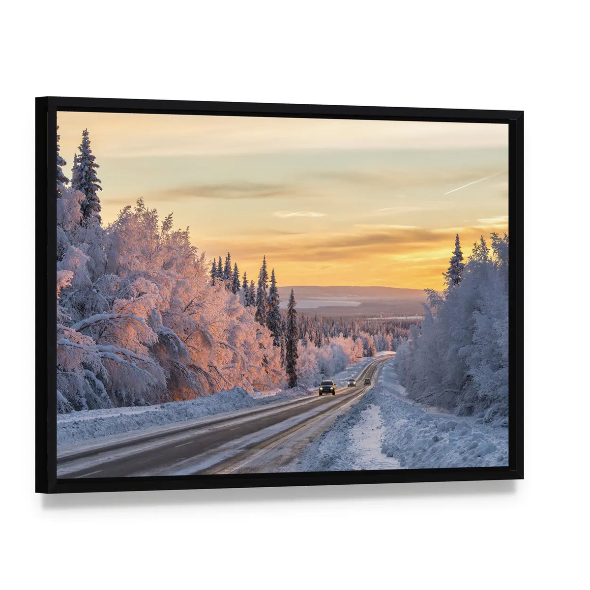 Winter Road In Northern Sweden Canvas Wall Art, framed canvas in a black floater frame, angled product view