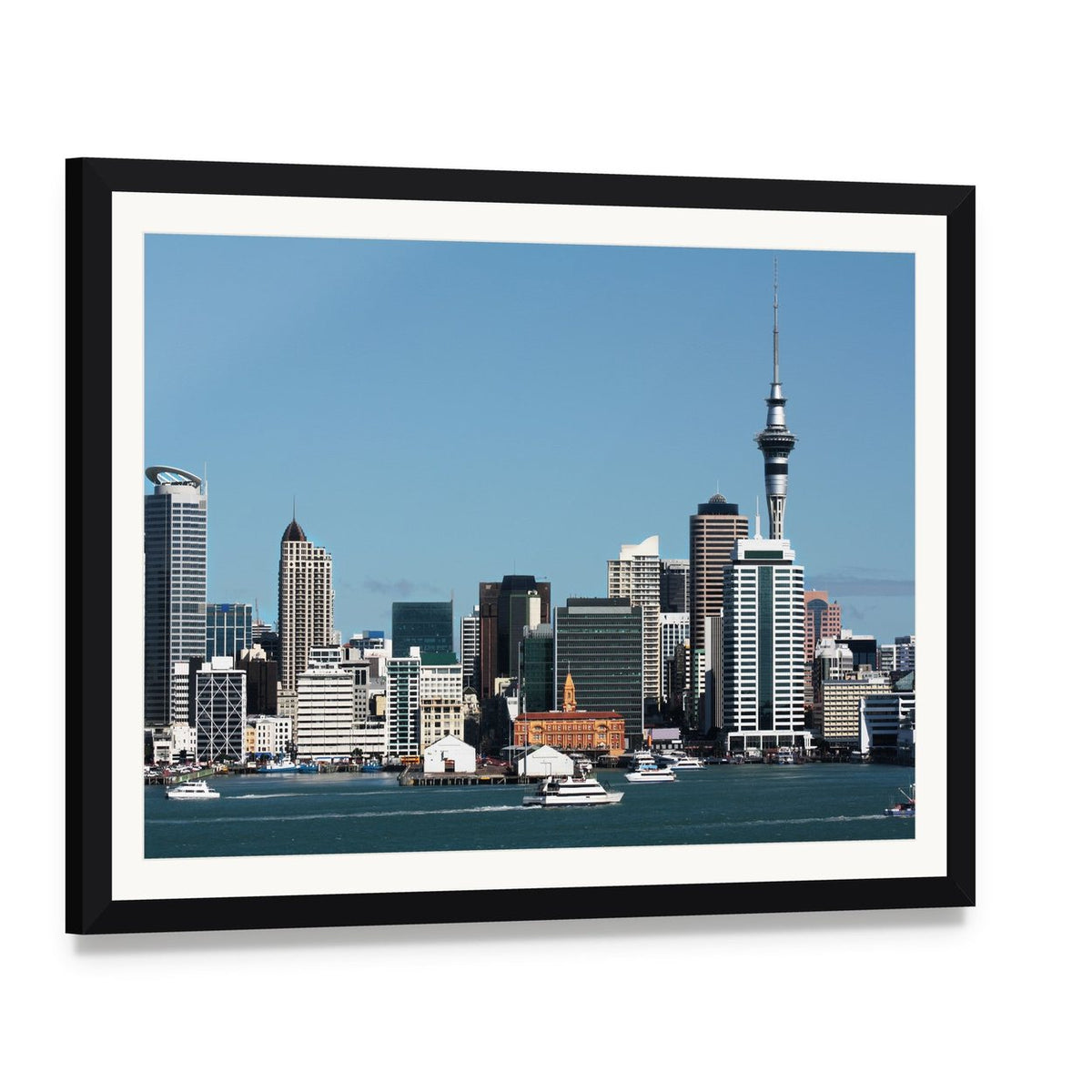 City Skyline with Sky Tower Canvas Wall Art, framed print with white mat and black frame, angled product view