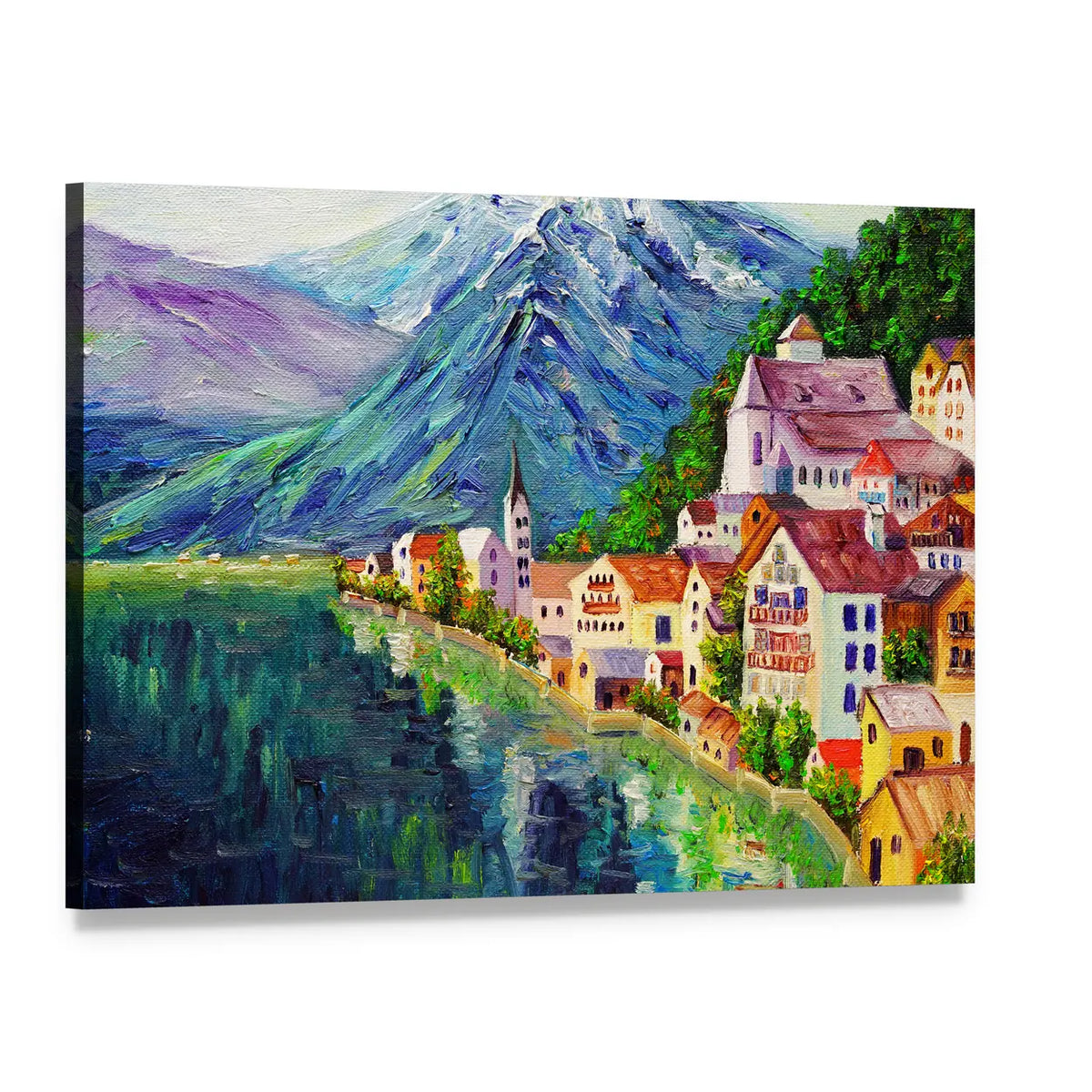 Hallstatt Oil Painting Austria Canvas Wall Art, single panel gallery wrapped canvas, angled product view