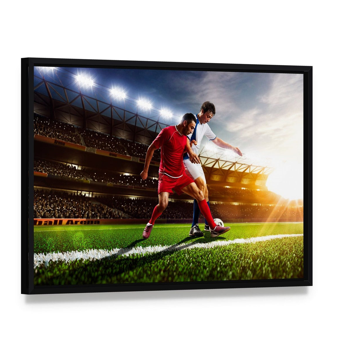 Soccer Players in Action Canvas Wall Art, framed canvas in a black floater frame, angled product view