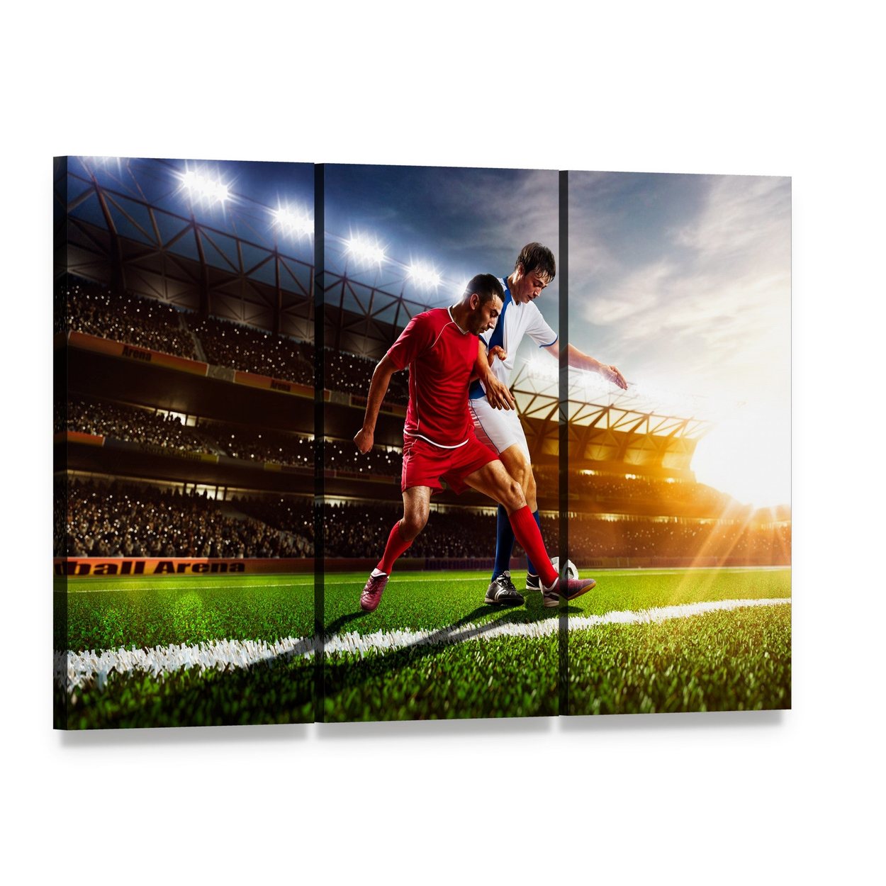 Soccer Players in Action Canvas Wall Art, 3 panel 3 Horizontal layout gallery wrapped canvas set, angled product view