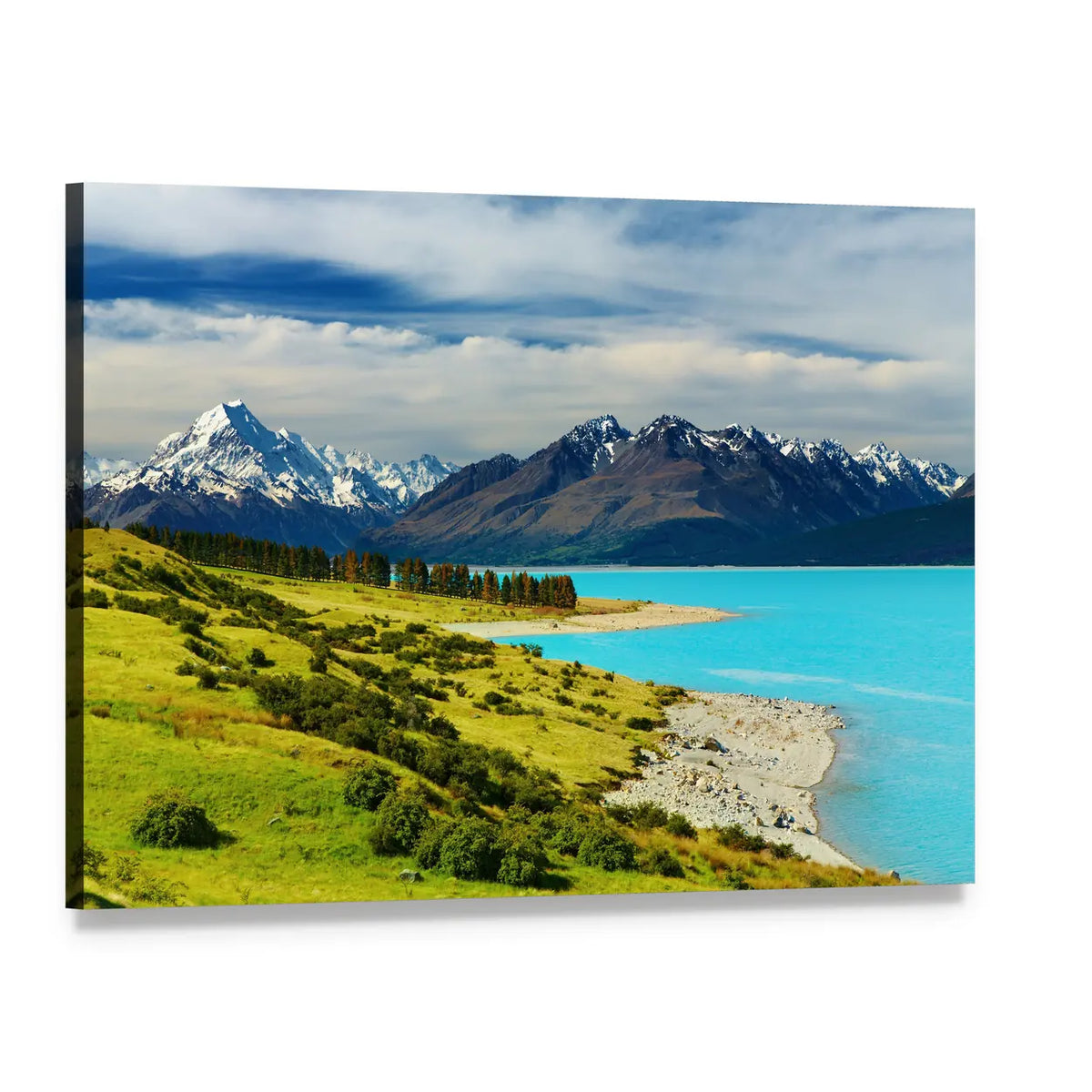 Mount Cook and Lake Pukaki Canvas Wall Art, single panel gallery wrapped canvas, angled product view