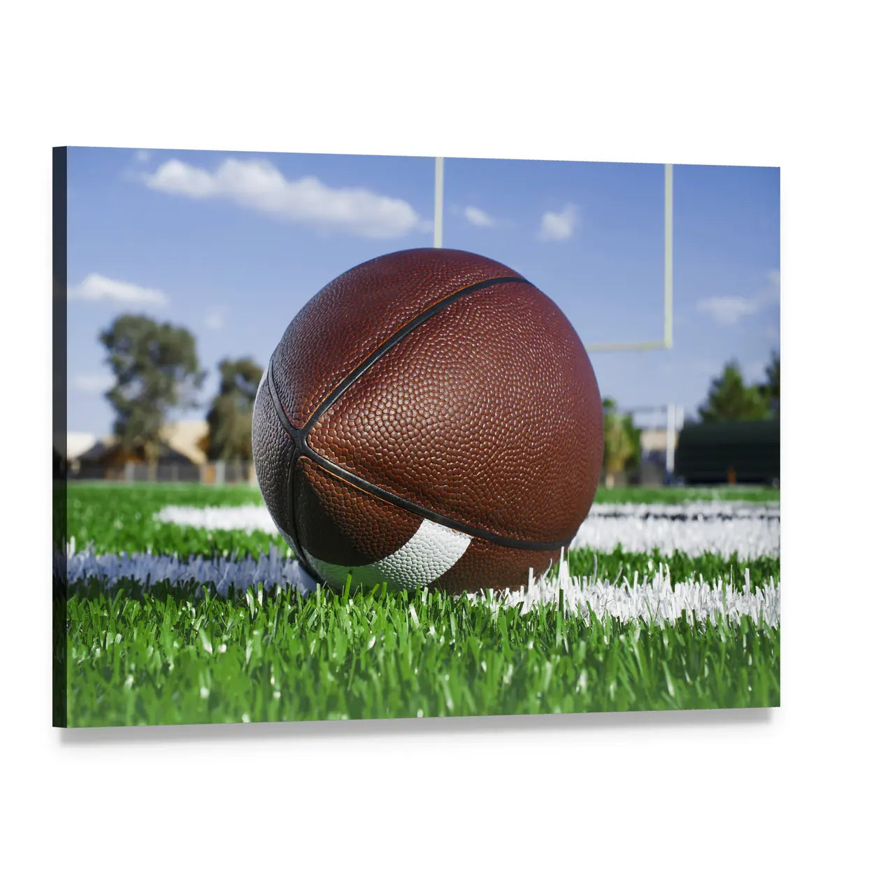 American Football Close-up with Goalpost Canvas Wall Art, single panel gallery wrapped canvas, angled product view