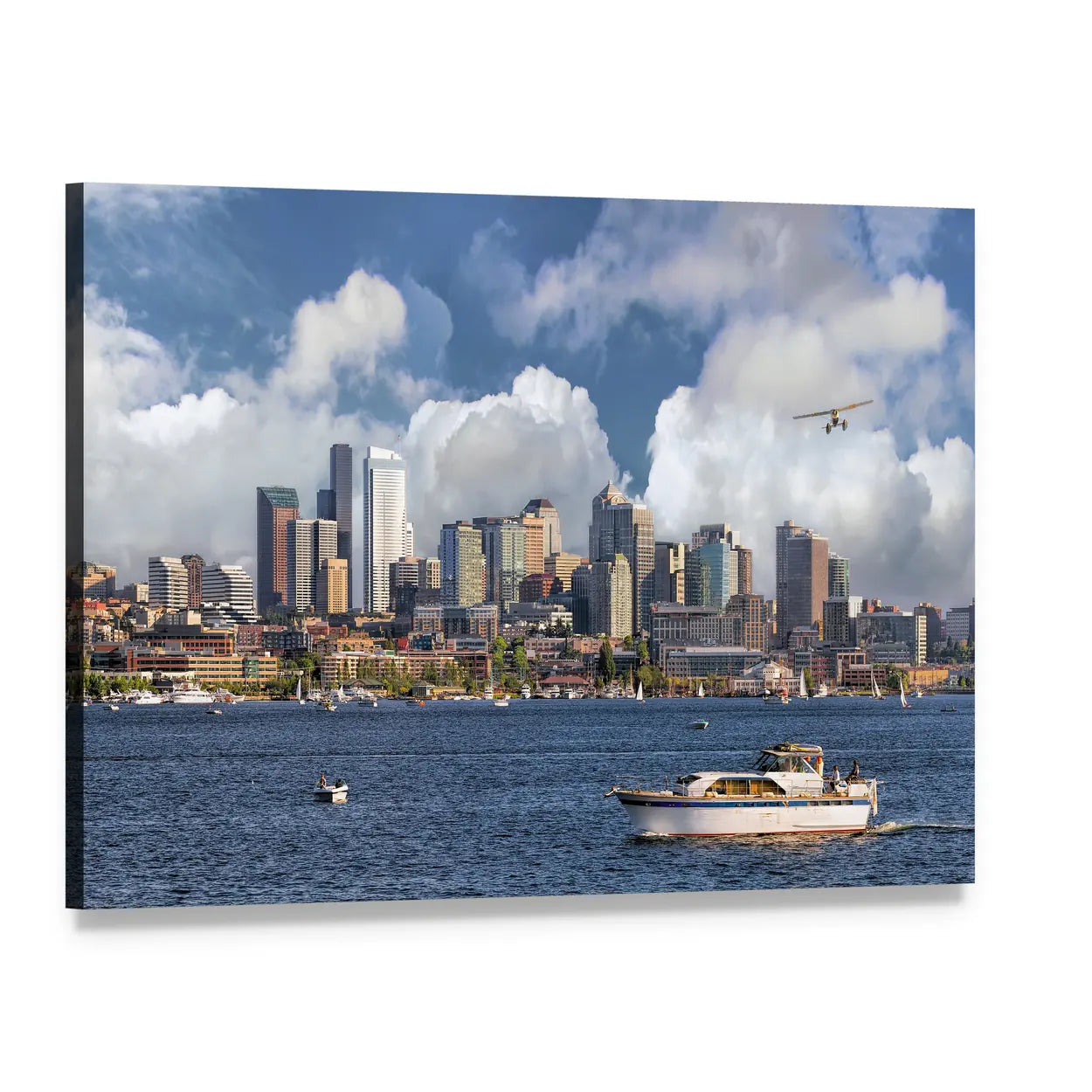 Seattle Washington Skyline Over Union Lake Canvas Wall Art, single panel gallery wrapped canvas, angled product view