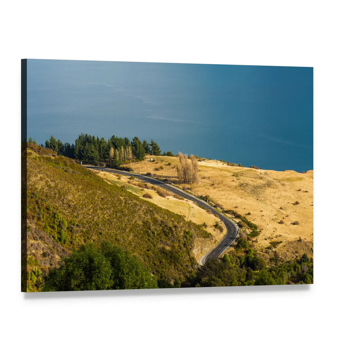 Winding Road Along Mountain Lake Canvas Wall Art, single panel gallery wrapped canvas, angled product view