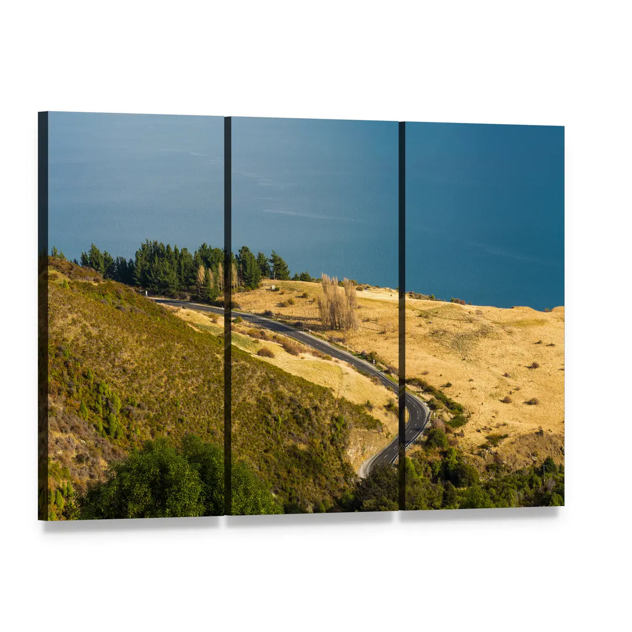 Winding Road Along Mountain Lake Canvas Wall Art, 3 panel 3 Horizontal layout gallery wrapped canvas set, angled product view