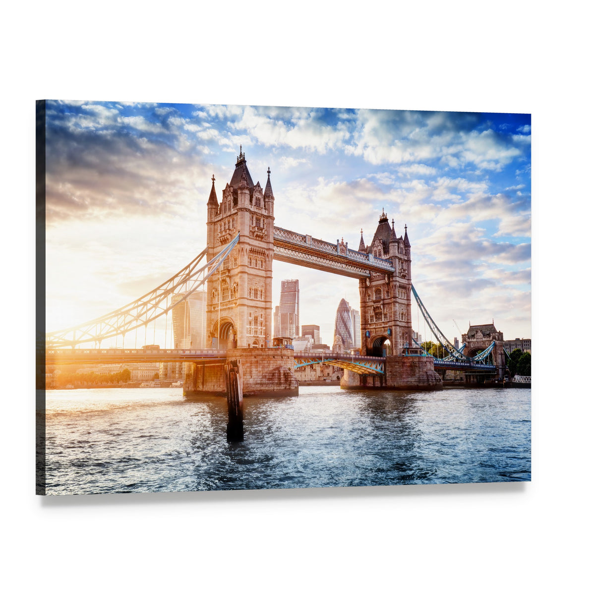 Tower Bridge London Sunset Clouds Canvas Wall Art, single panel gallery wrapped canvas, angled product view