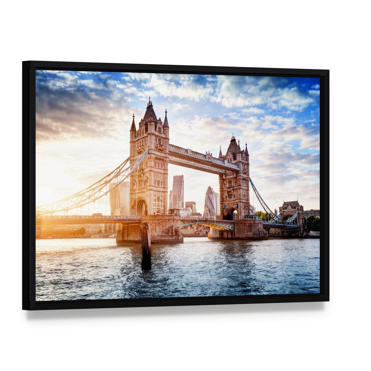 Tower Bridge London Sunset Clouds Canvas Wall Art, framed canvas in a black floater frame, angled product view
