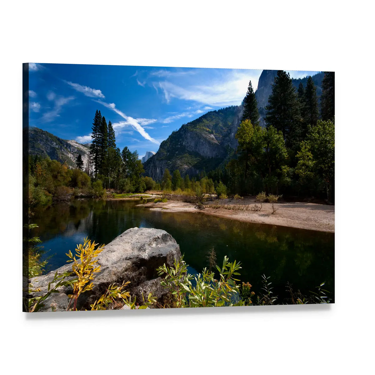 Quiet River in Mountain Valley Canvas Wall Art, single panel gallery wrapped canvas, angled product view