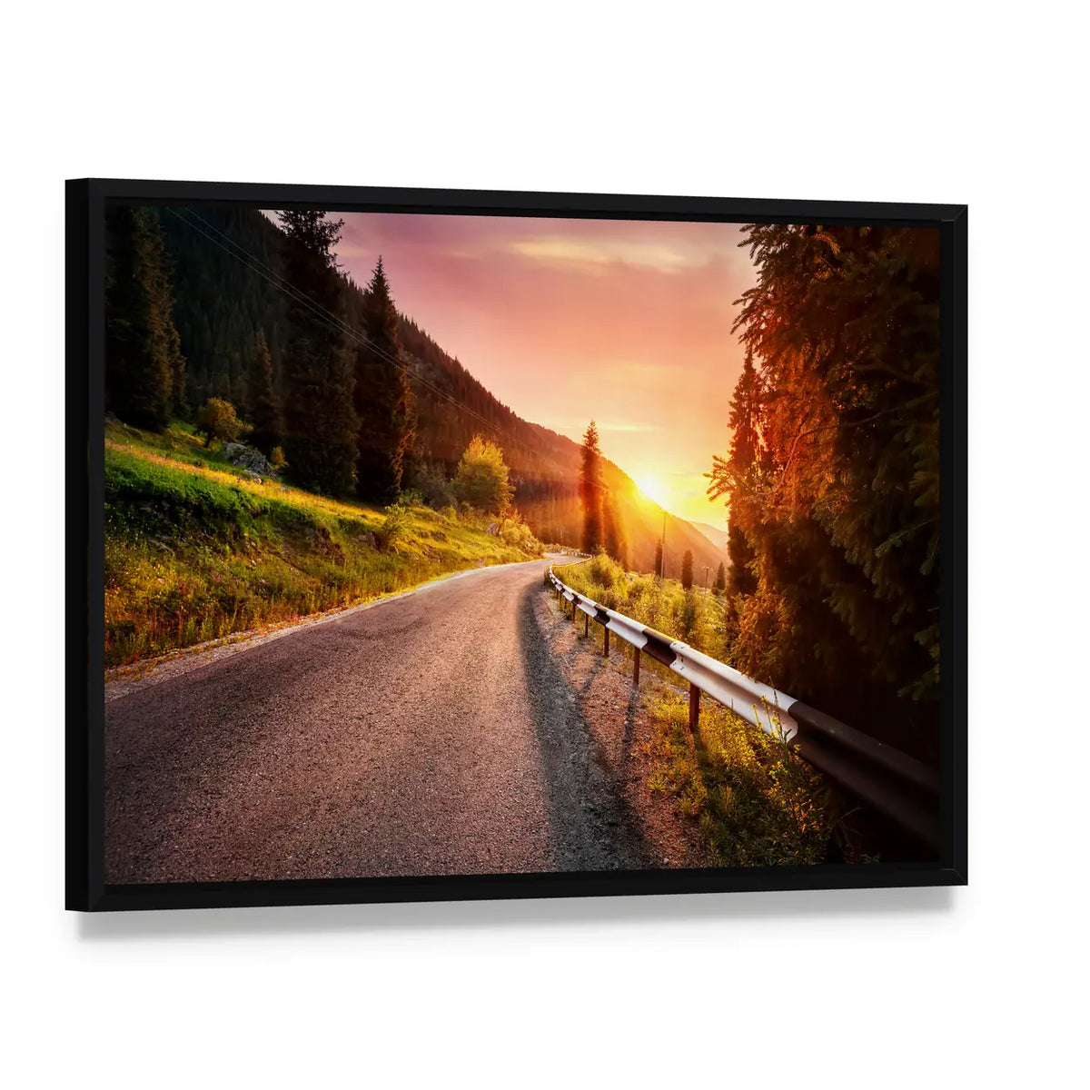 Mountain Road at Sunset in Kazakhstan Canvas Wall Art, framed canvas in a black floater frame, angled product view
