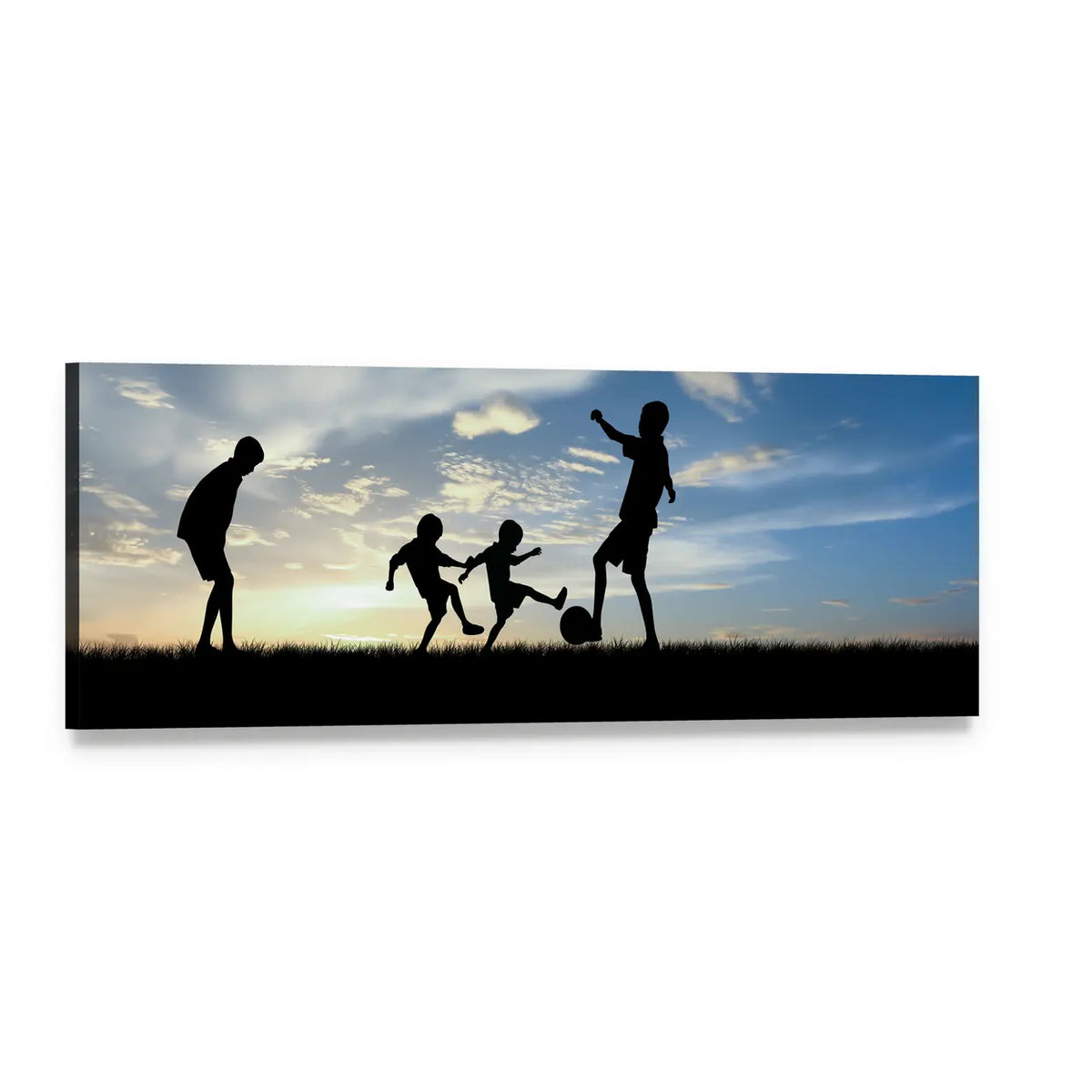 Children Playing Soccer at Dusk Panoramic Canvas Wall Art, single panel gallery wrapped canvas, angled product view