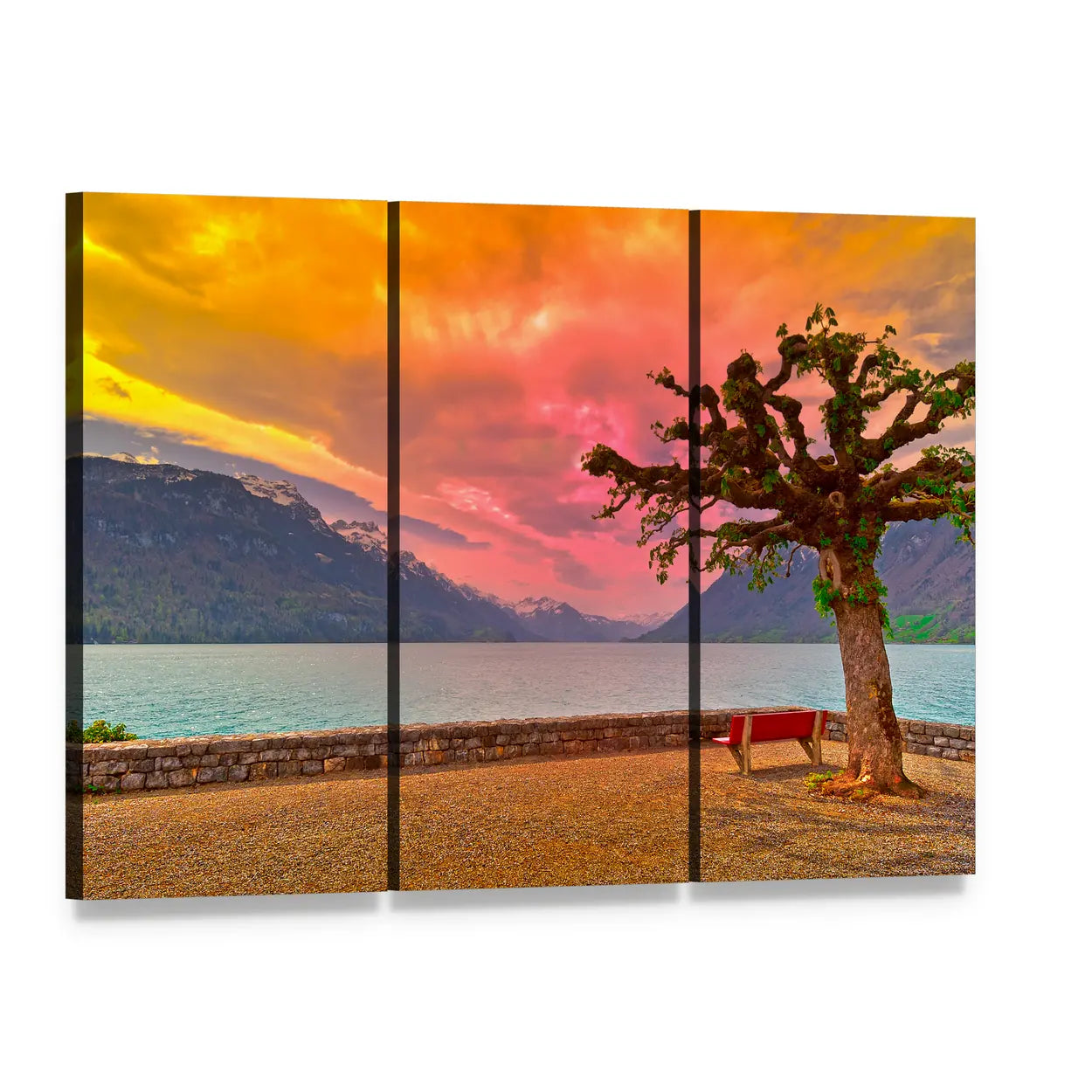 Lake Brienzer at Sunset Canvas Wall Art, 3 panel 3 Horizontal layout gallery wrapped canvas set, angled product view