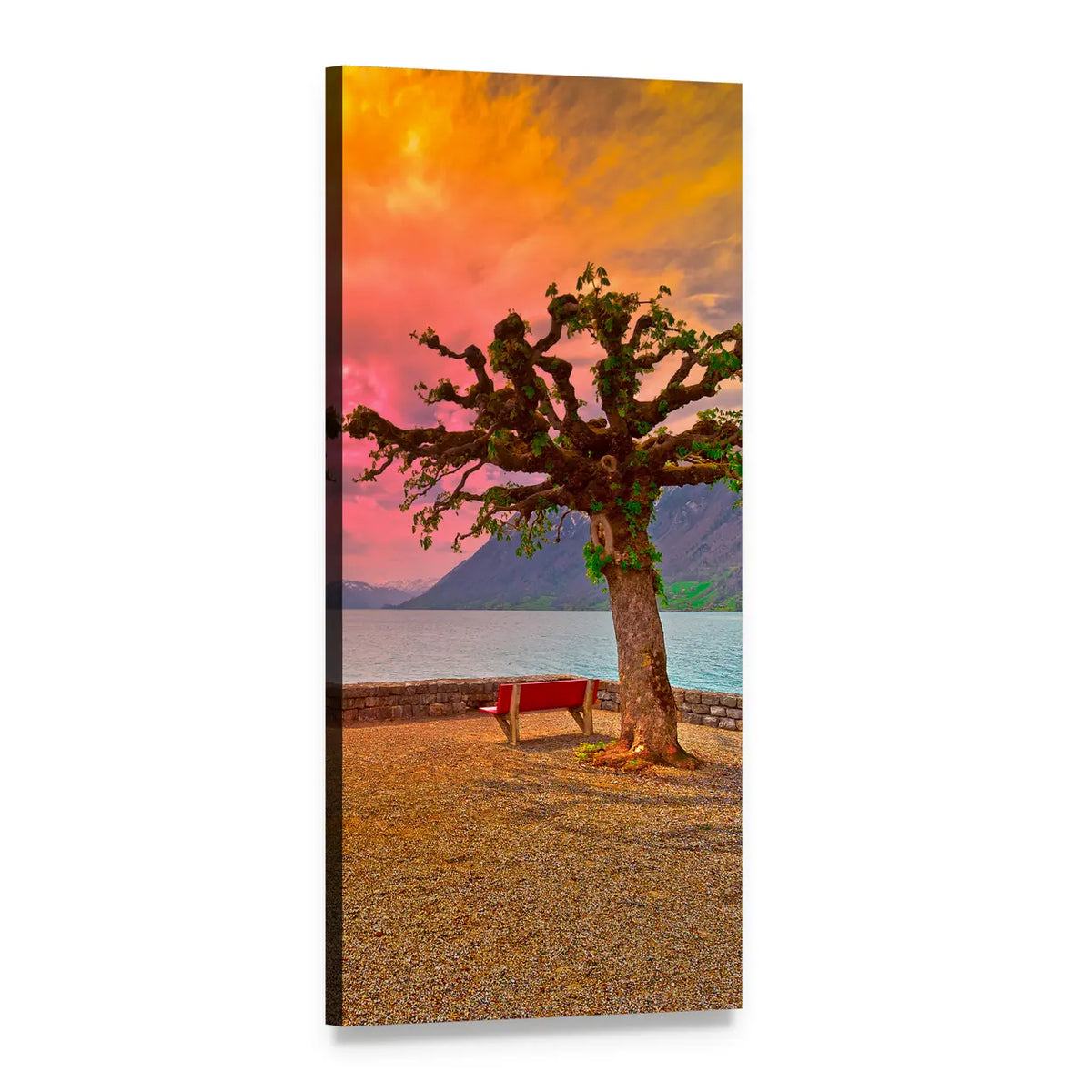 Sunset Lakeside with Knotted Tree and Bench Vertical Canvas Wall Art, 1 panel 1 Vertical layout gallery wrapped canvas set, angled product view