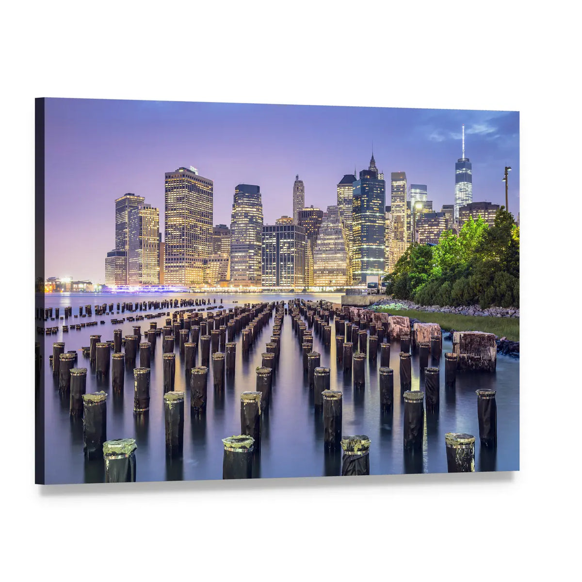 New York City Skyline At Night Canvas Wall Art, single panel gallery wrapped canvas, angled product view