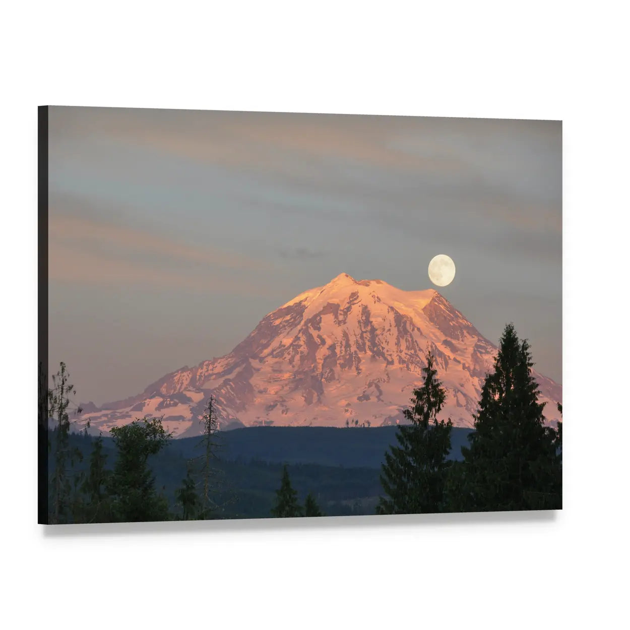 Supermoon Over Mount Rainier Canvas Wall Art, single panel gallery wrapped canvas, angled product view