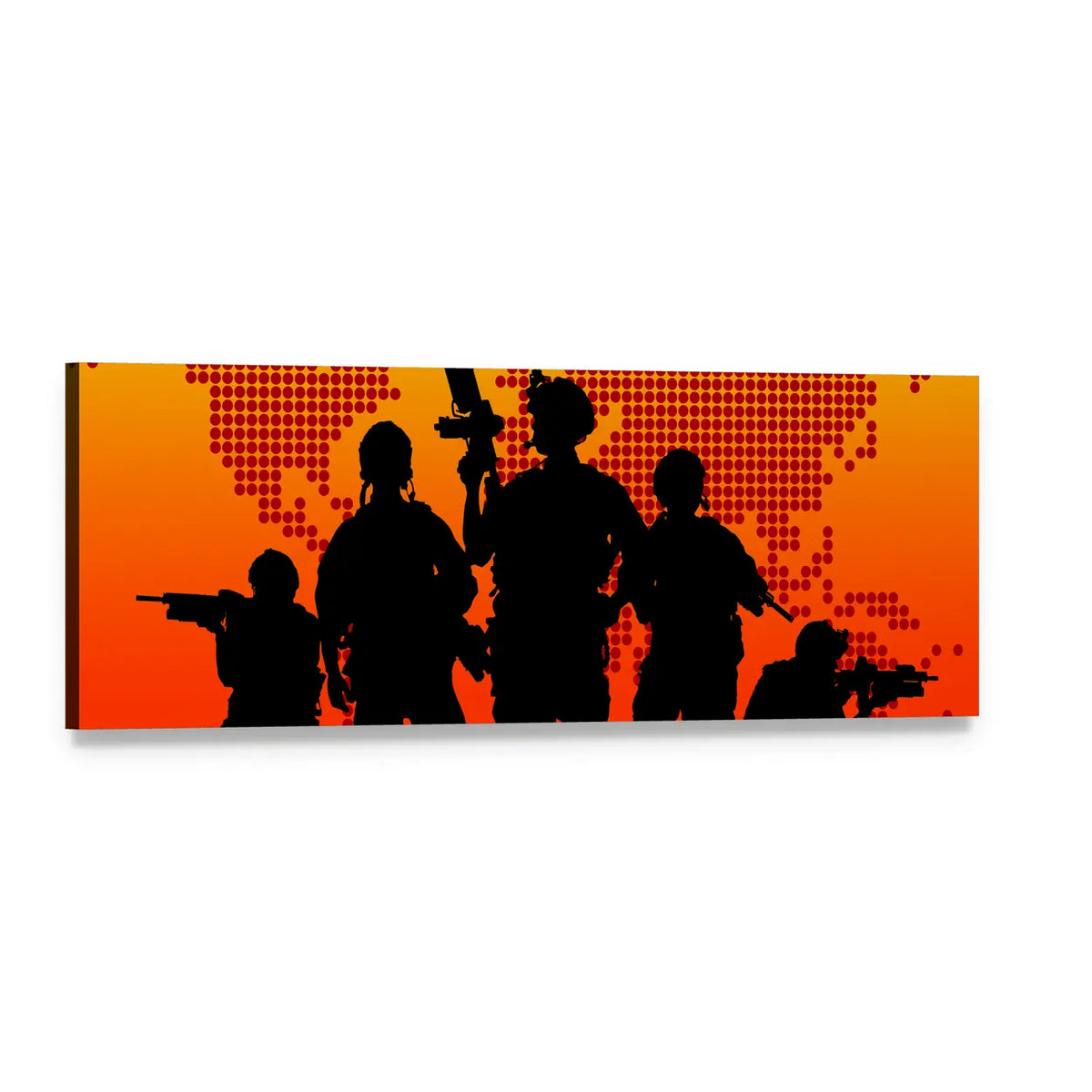 Soldier Silhouettes Over Dotted World Map Panoramic Canvas Wall Art, single panel gallery wrapped canvas, angled product view