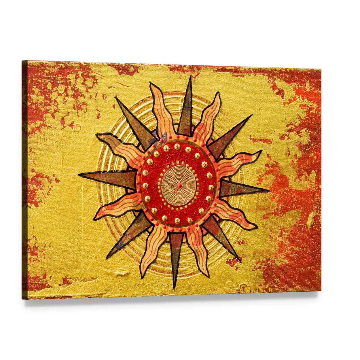 Radiant Golden Sun with Red Disc Canvas Wall Art, single panel gallery wrapped canvas, angled product view
