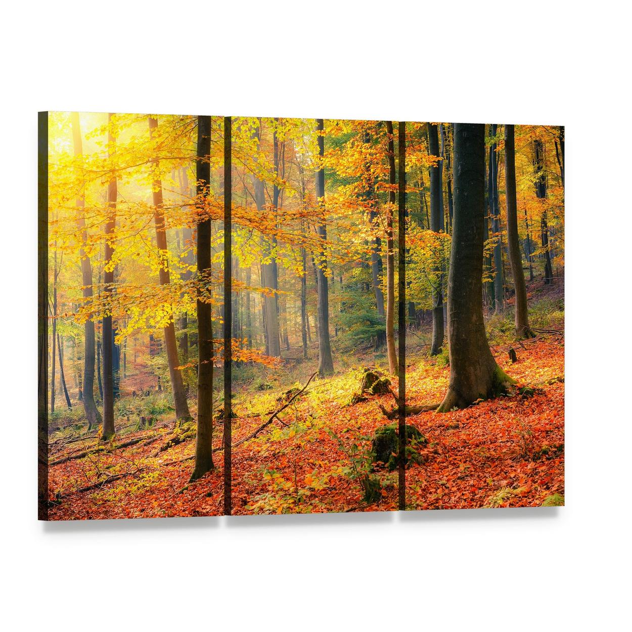 Foggy Autumn Forest Canvas Wall Art, 3 panel 3 Horizontal layout gallery wrapped canvas set, angled product view