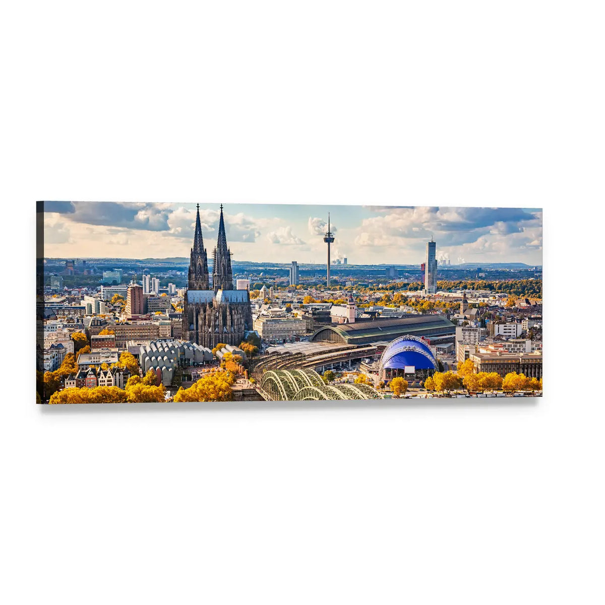 Cologne Skyline with Kölner Dom Panoramic Canvas Wall Art, single panel gallery wrapped canvas, angled product view