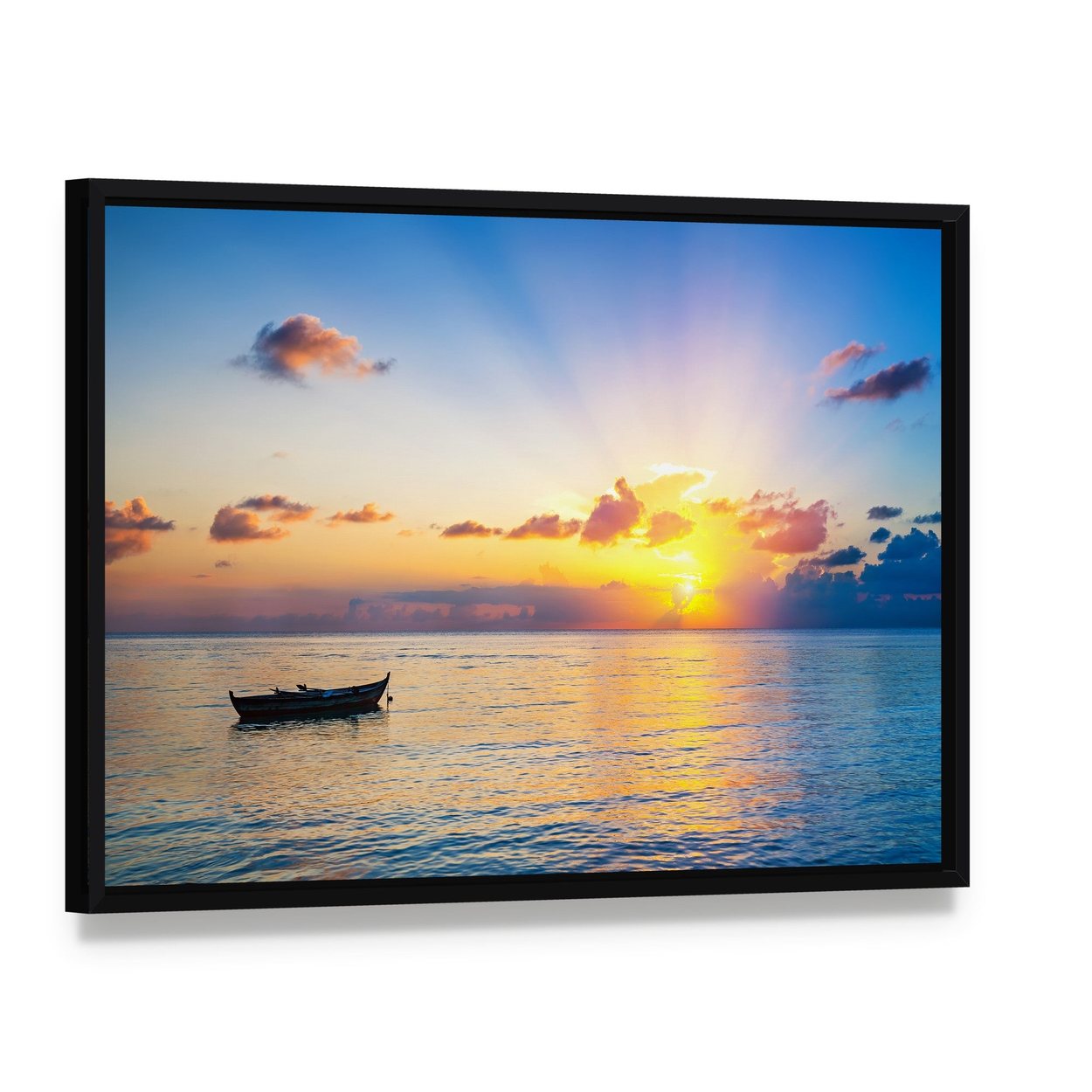 Colorful Sunrise Over Ocean Canvas Wall Art, framed canvas in a black floater frame, angled product view