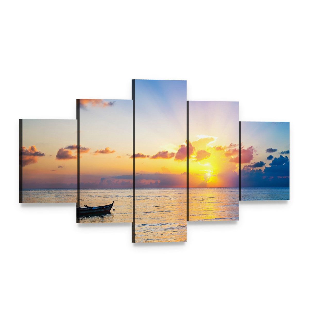 Colorful Sunrise Over Ocean Canvas Wall Art, 5 panel 5 Star layout gallery wrapped canvas set, angled product view