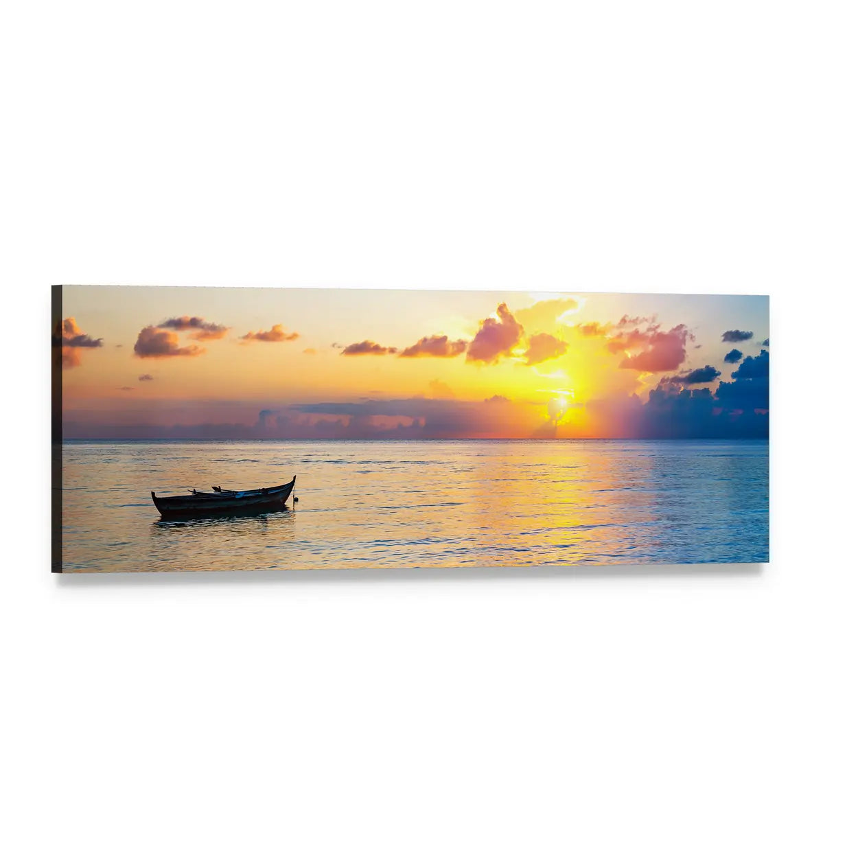 Colorful Sunrise Over Ocean Panoramic Canvas Wall Art, single panel gallery wrapped canvas, angled product view
