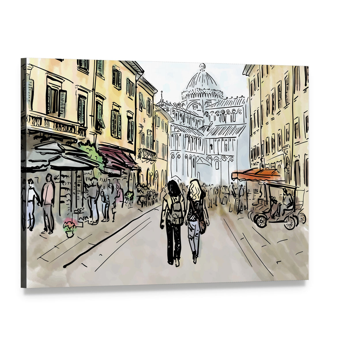 Watercolor Street Sketch with Two Women Canvas Wall Art, single panel gallery wrapped canvas, angled product view