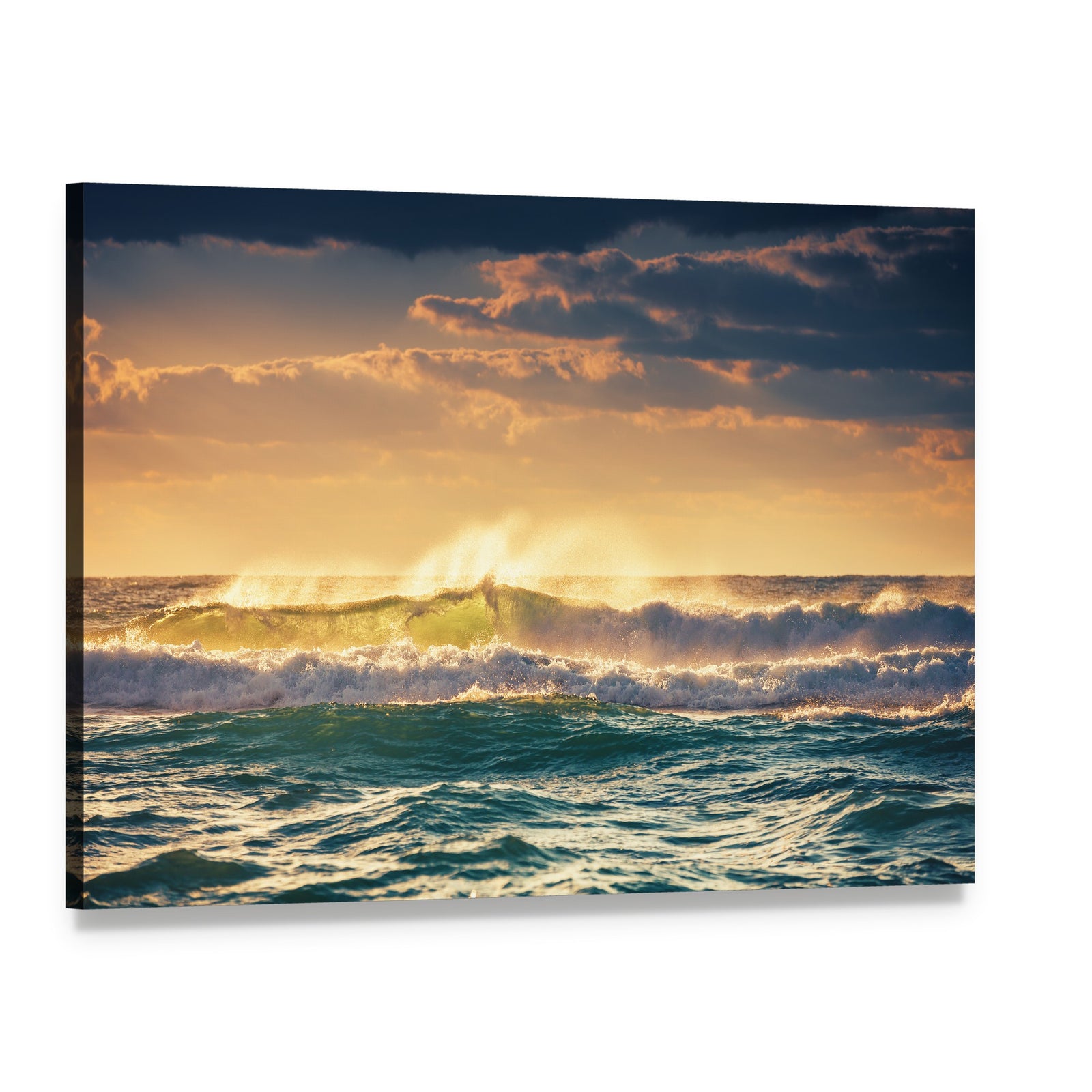 Sunrise and Shining Waves in Ocean Canvas Wall Art, single panel gallery wrapped canvas, angled product view