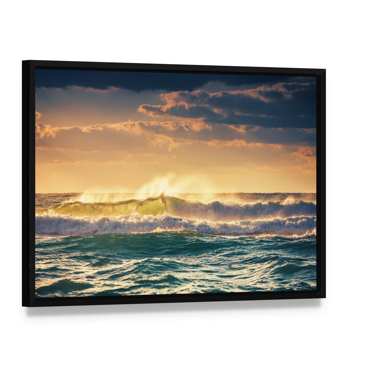 Sunrise and Shining Waves in Ocean Canvas Wall Art, framed canvas in a black floater frame, angled product view