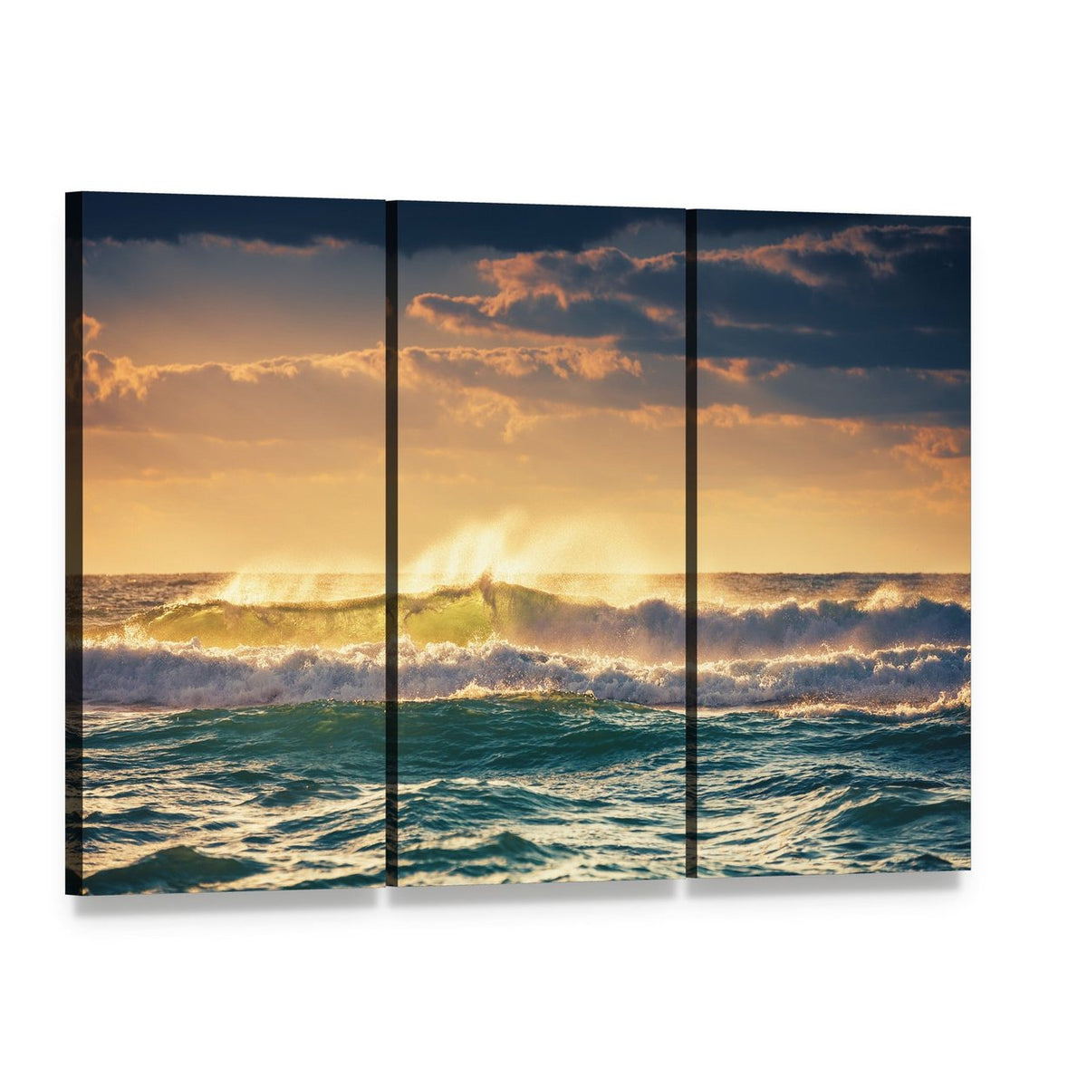Sunrise and Shining Waves in Ocean Canvas Wall Art, 3 panel 3 Horizontal layout gallery wrapped canvas set, angled product view