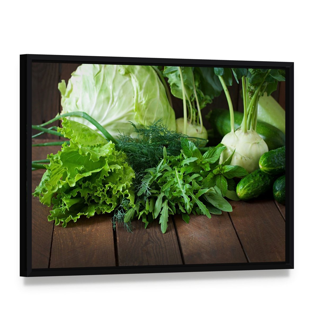 Useful Green Vegetables Canvas Wall Art, framed canvas in a black floater frame, angled product view