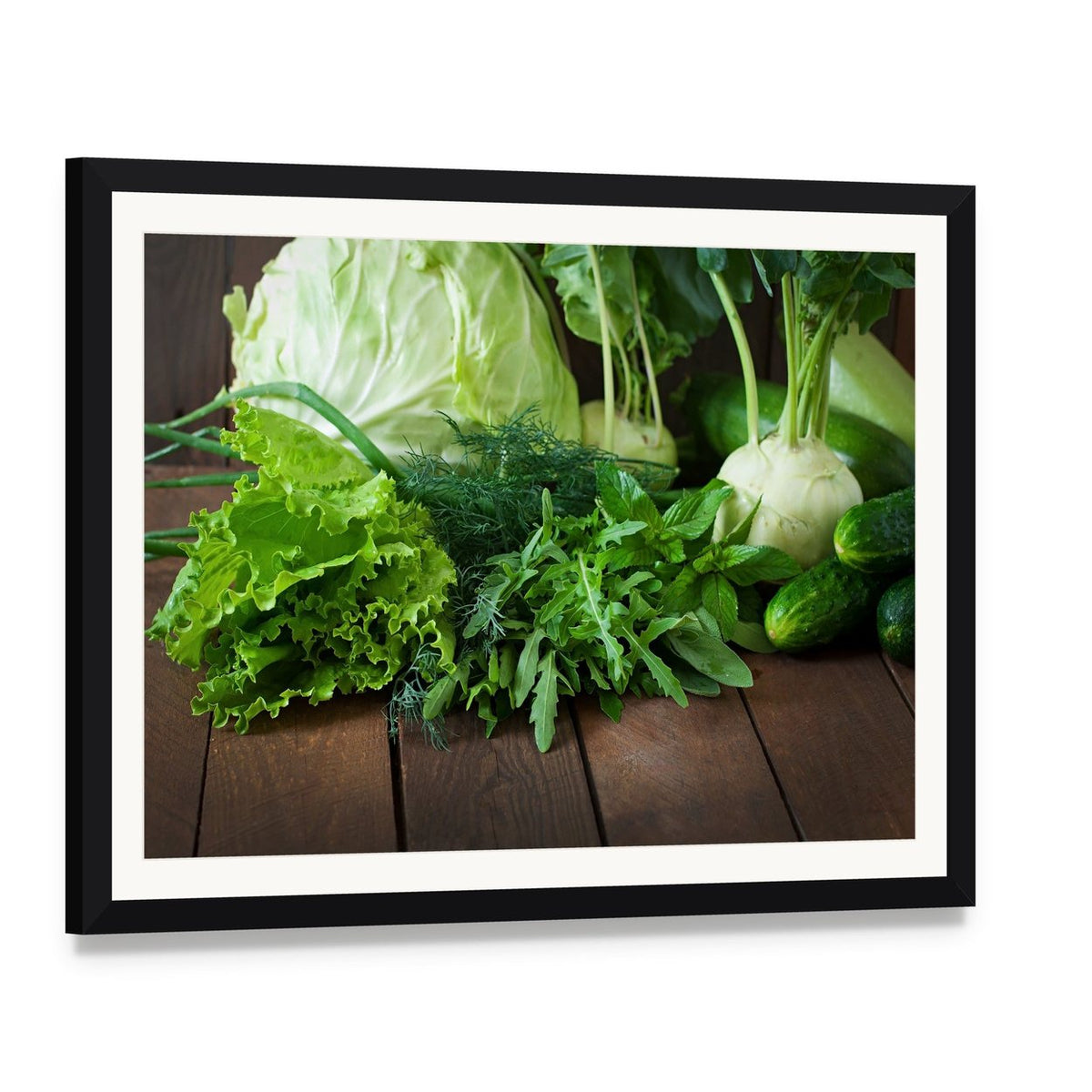 Useful Green Vegetables Canvas Wall Art, framed print with white mat and black frame, angled product view