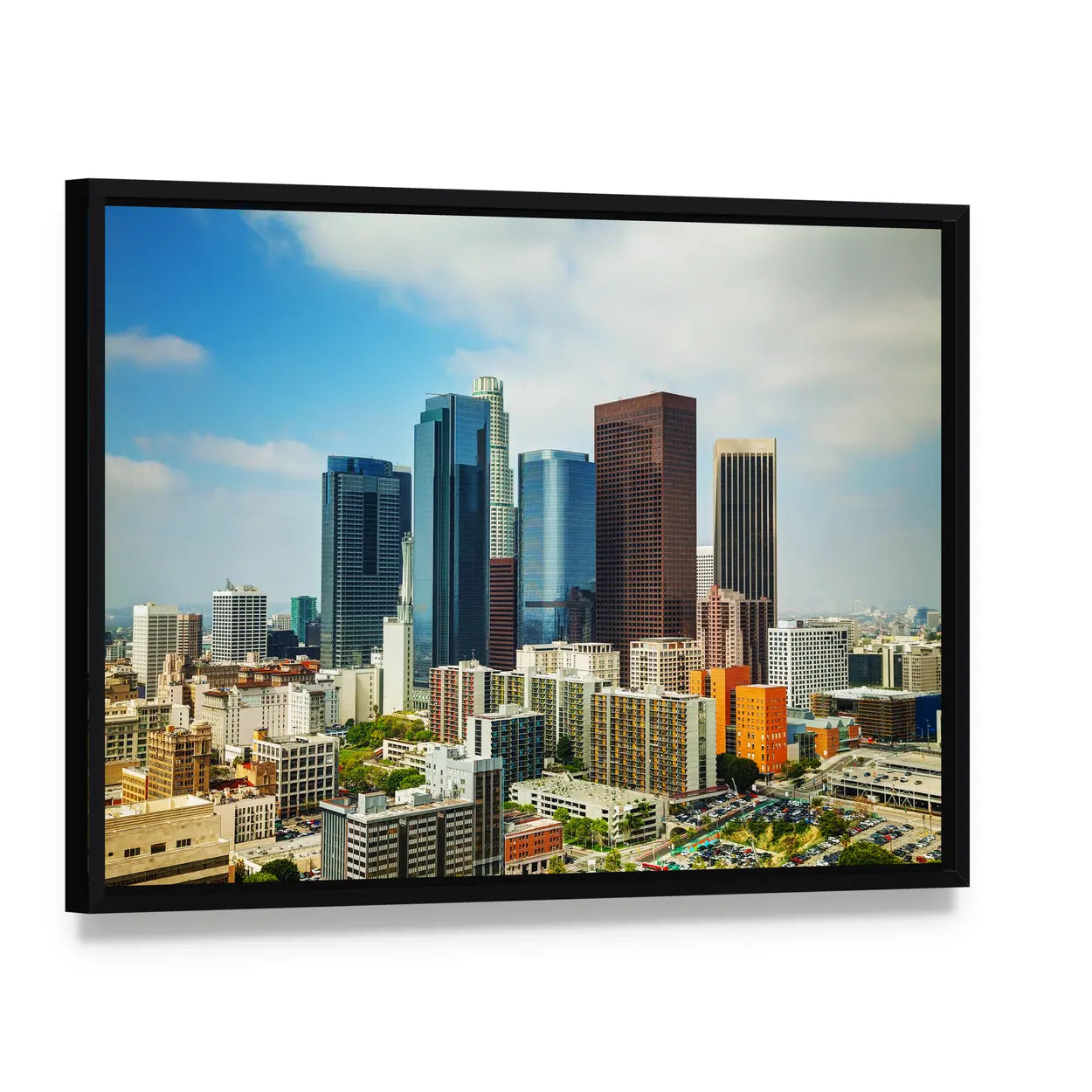 Los Angeles Cityscape On A Sunny Day Canvas Wall Art, framed canvas in a black floater frame, angled product view