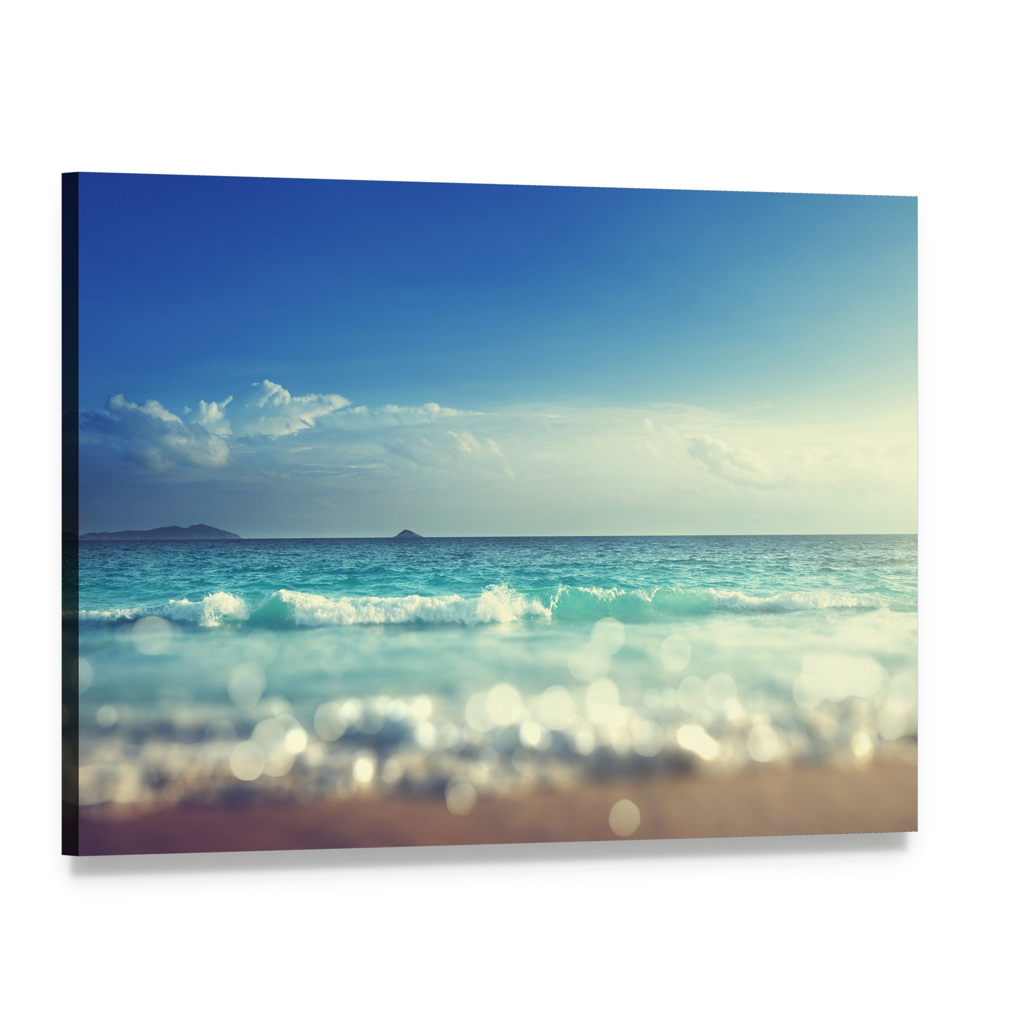 Beach Under Blue Sky Canvas Wall Art, single panel gallery wrapped canvas, angled product view
