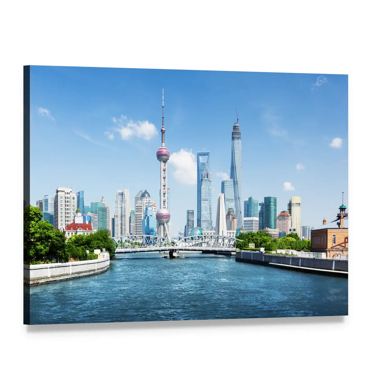 Shanghai Skyline on a Sunny Day Canvas Wall Art, single panel gallery wrapped canvas, angled product view