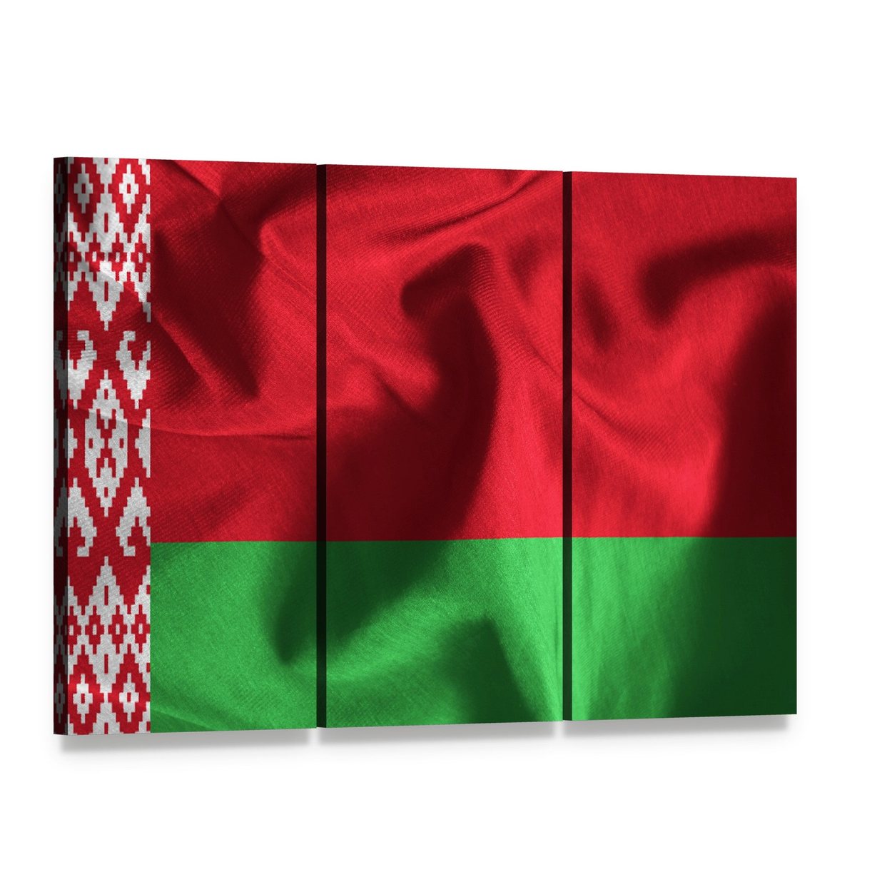 Waving Belarusian Flag Canvas Wall Art, 3 panel 3 Horizontal layout gallery wrapped canvas set, angled product view