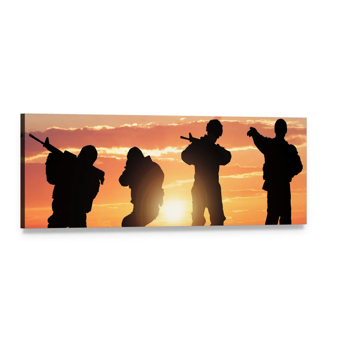 Four Soldier Silhouettes at Sunset Panoramic Canvas Wall Art, single panel gallery wrapped canvas, angled product view
