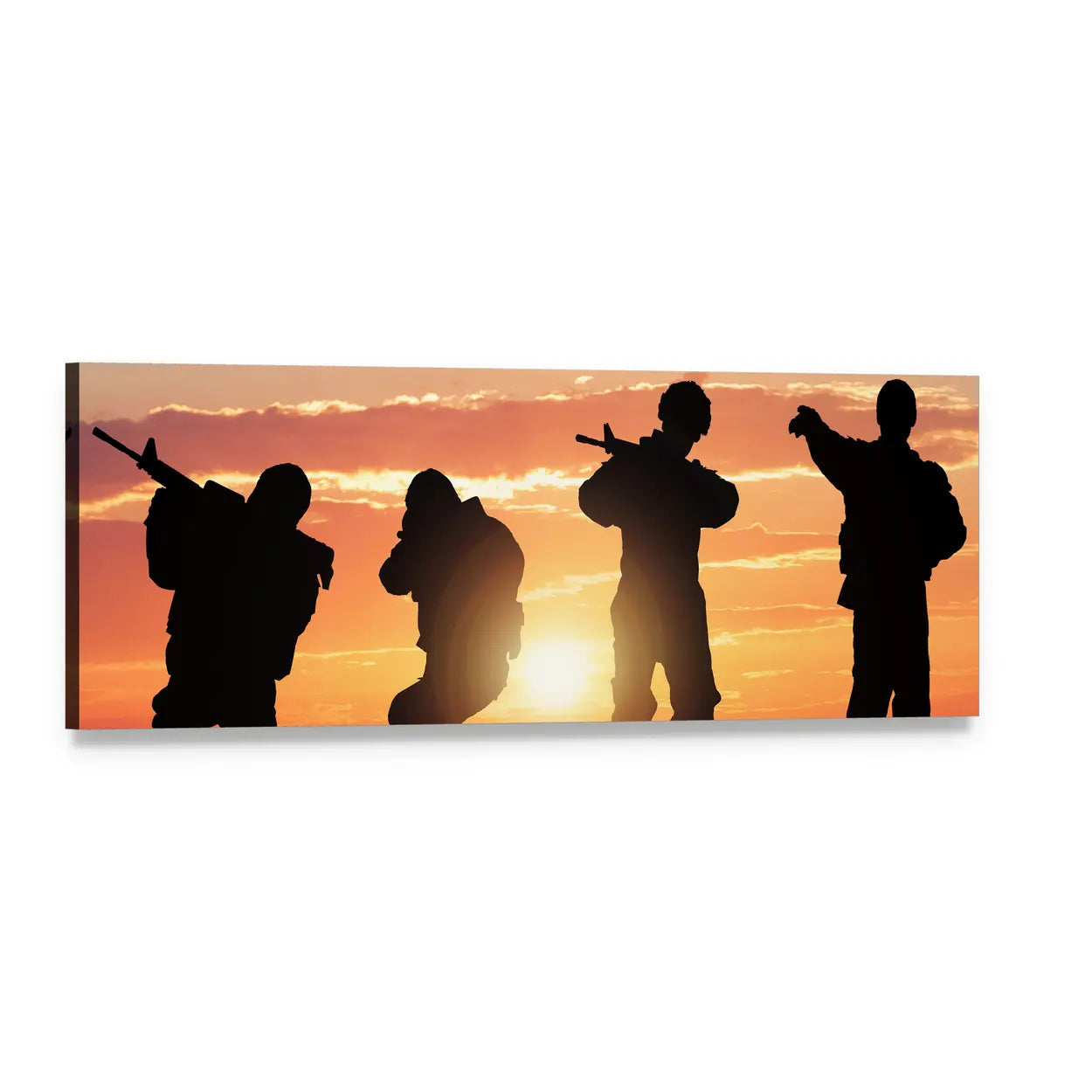 Four Soldier Silhouettes at Sunset Panoramic Canvas Wall Art, single panel gallery wrapped canvas, angled product view