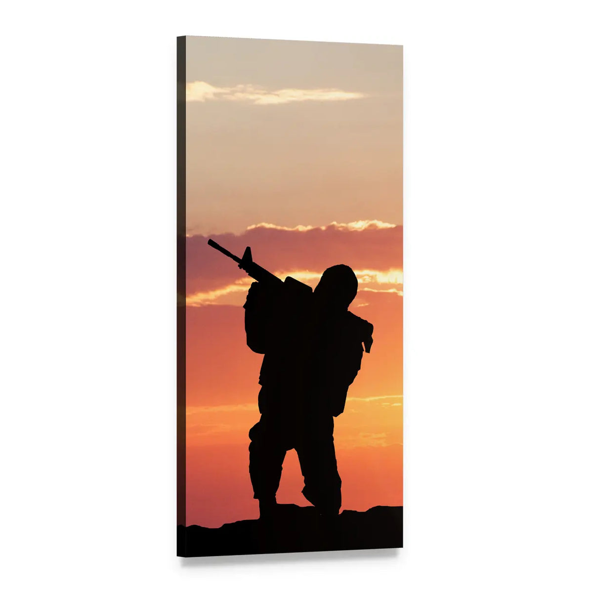 Soldier Silhouette at Sunset Vertical Canvas Wall Art, 1 panel 1 Vertical layout gallery wrapped canvas set, angled product view