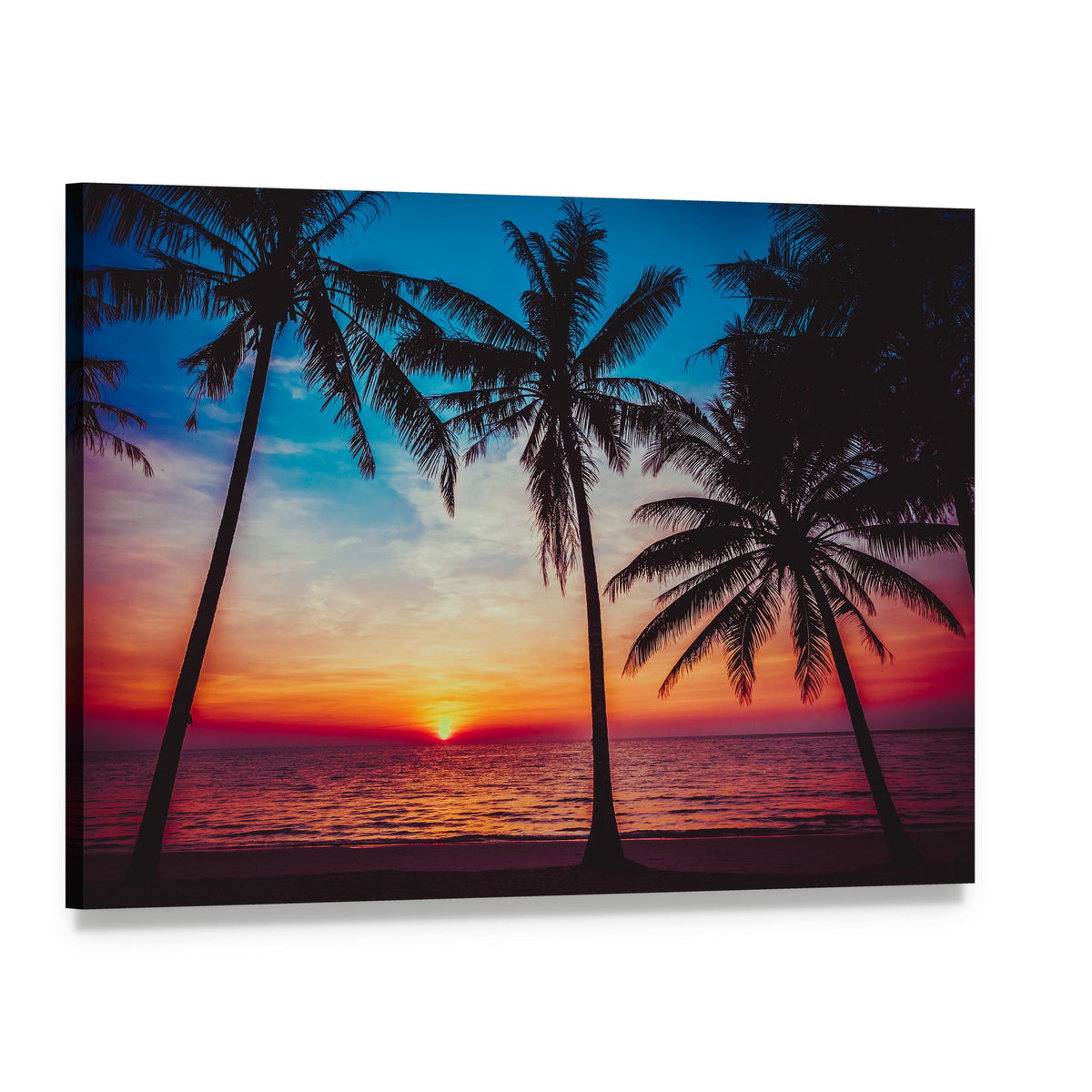 Sunset at Tropical Beach Canvas Wall Art, single panel gallery wrapped canvas, angled product view