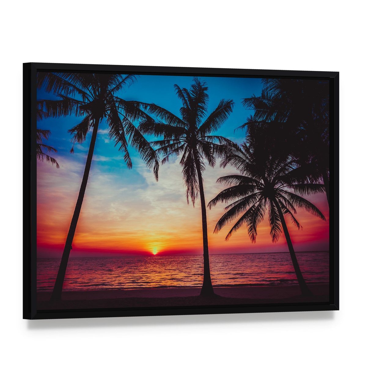 Sunset at Tropical Beach Canvas Wall Art, framed canvas in a black floater frame, angled product view