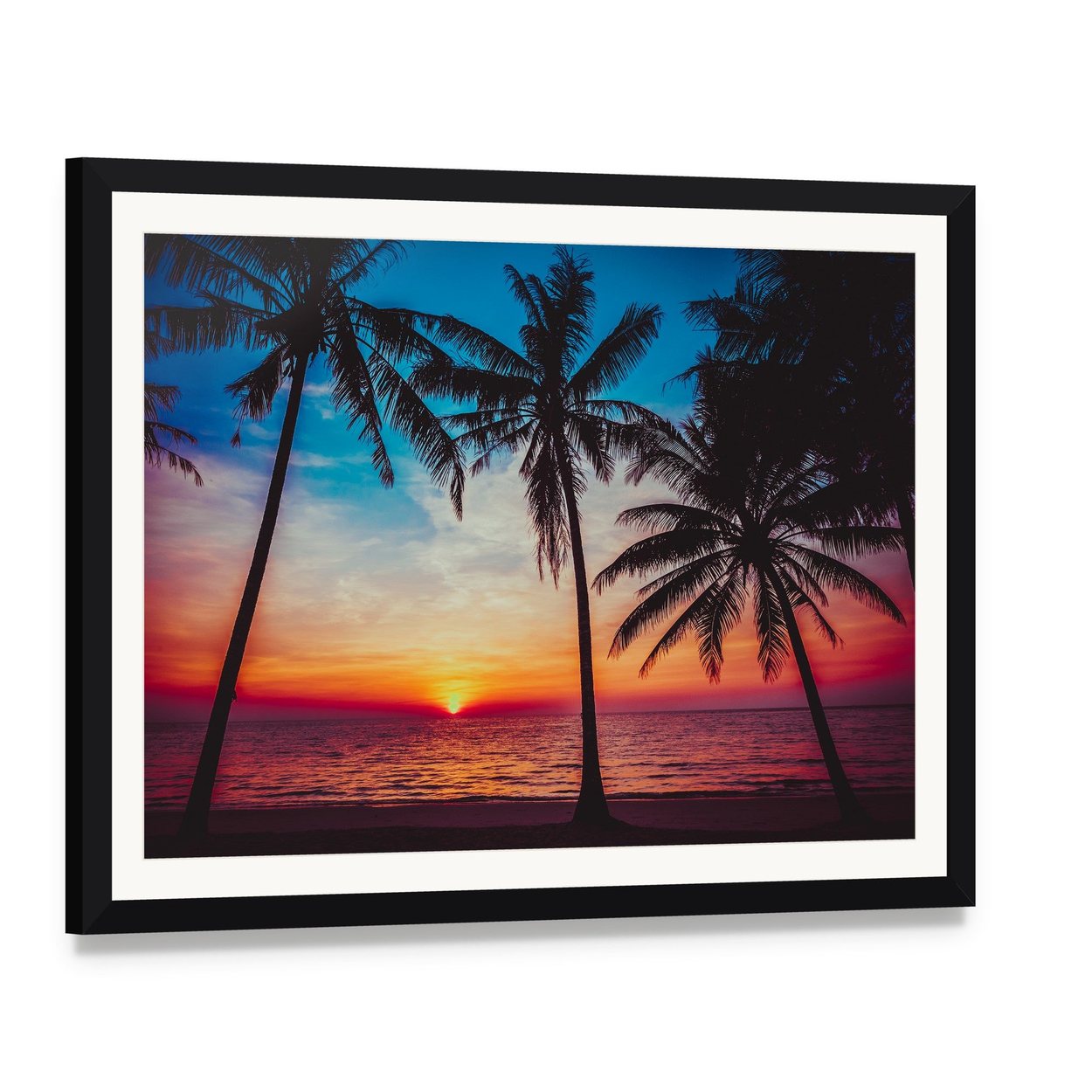 Sunset at Tropical Beach Canvas Wall Art, framed print with white mat and black frame, angled product view
