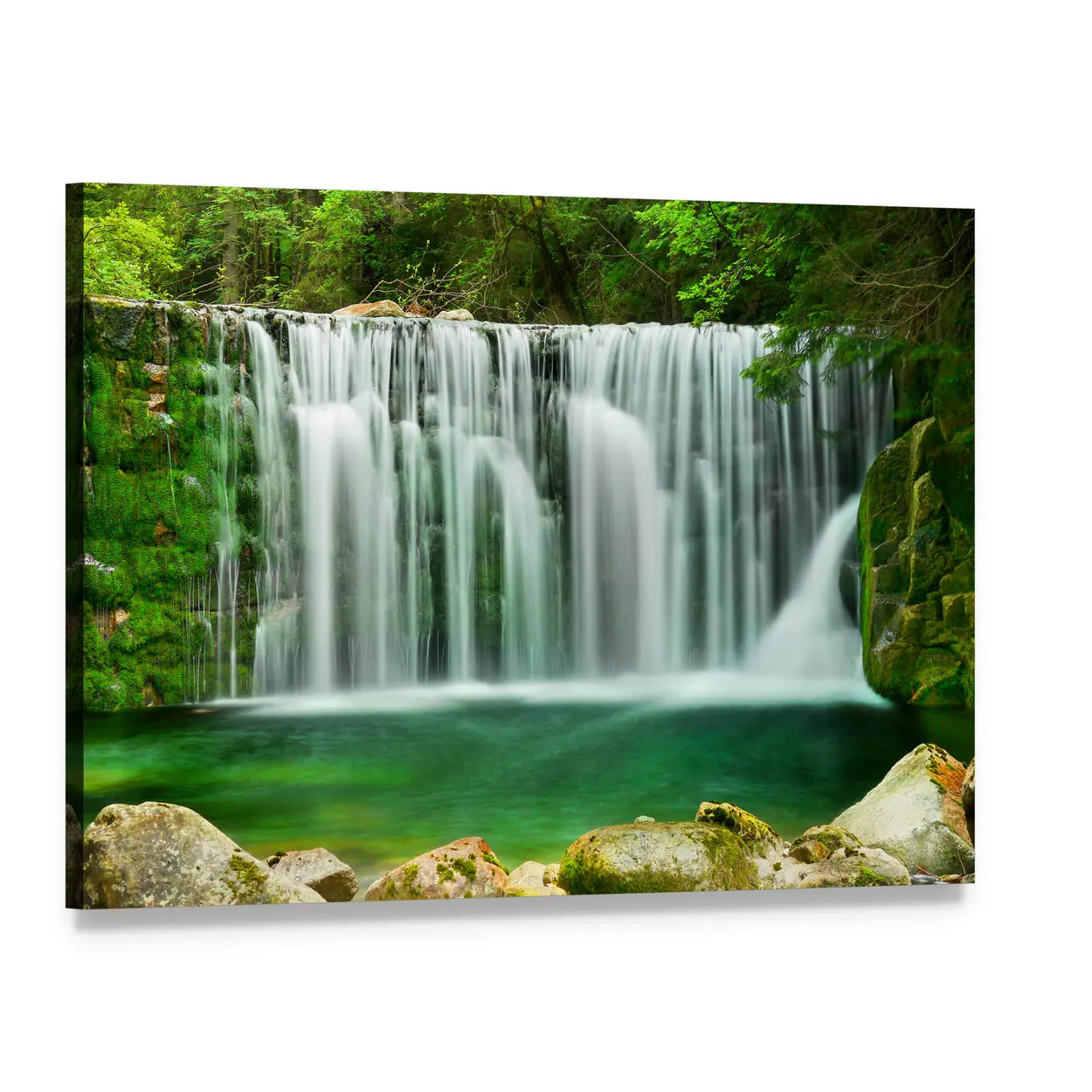 Lake Emerald Waterfalls Canvas Wall Art, single panel gallery wrapped canvas, angled product view